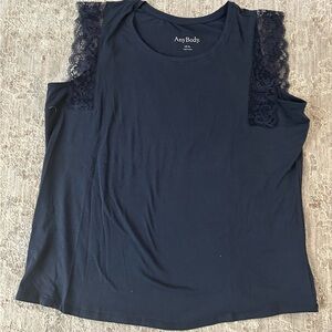 Anybody Women's Top Sz XL Navy Cozy Knit Lace Cap Sleeve T Shirt Elegant Chic